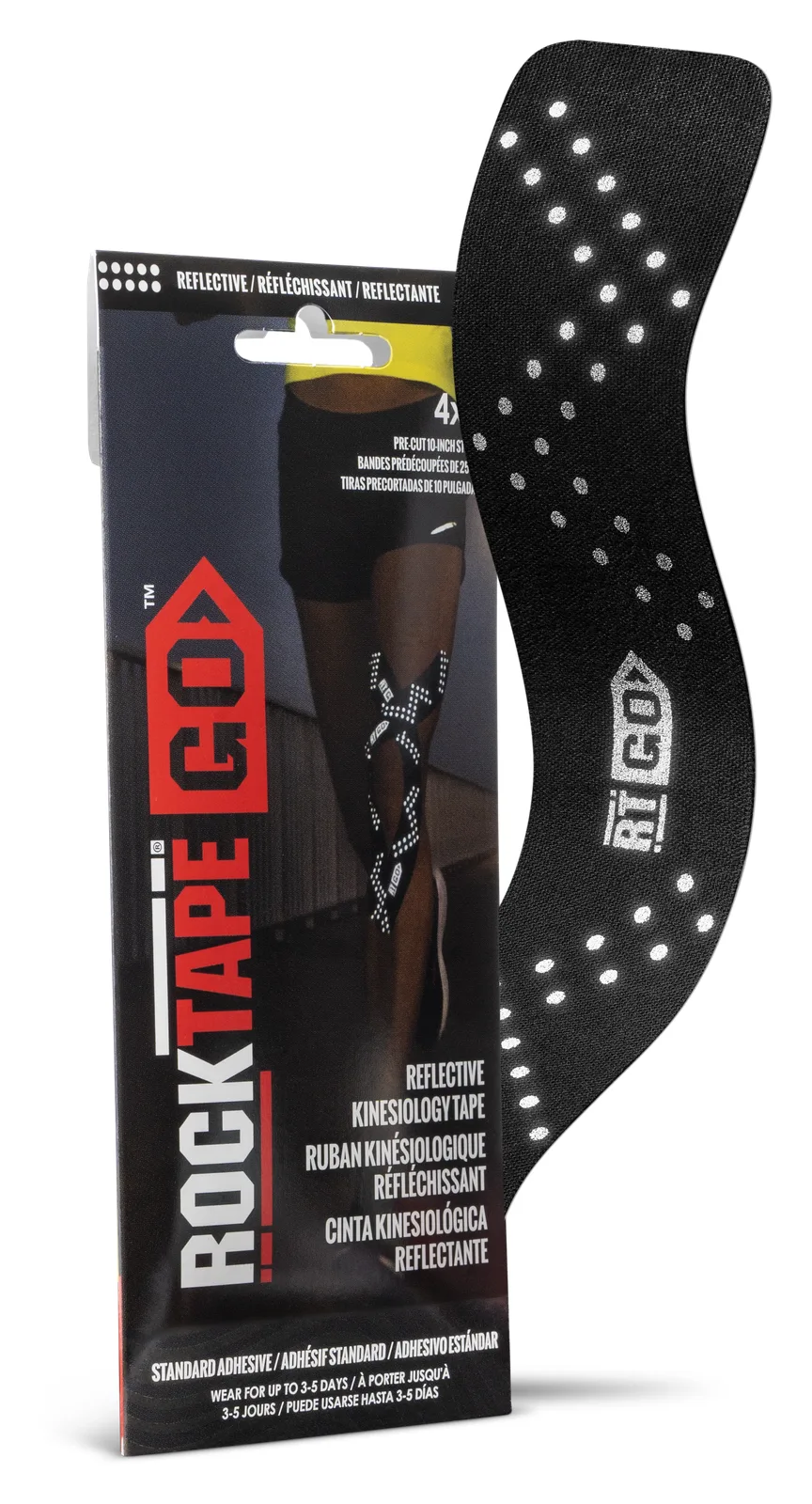 GO Reflective Adhesive Kinesiology Tape, 4 x 10" Pre-Cut Strips, Black Logo